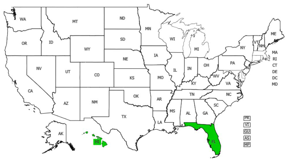 Rosary bean distribution - United States